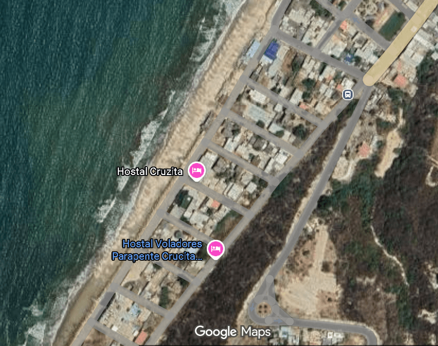 Satellite map showing Hostal Cruzita on the beachfront road in Crucita