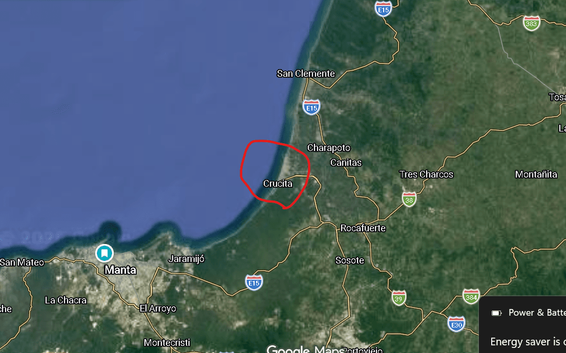 Map of the coast north of Manta with Crucita circled