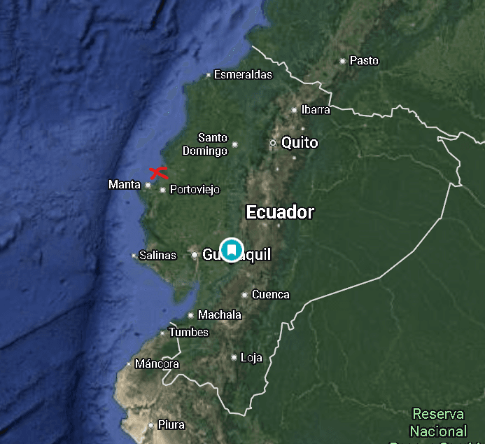 Map of Ecuador showing Crucita near Manta and Portoviejo, and Guayaquil to the south