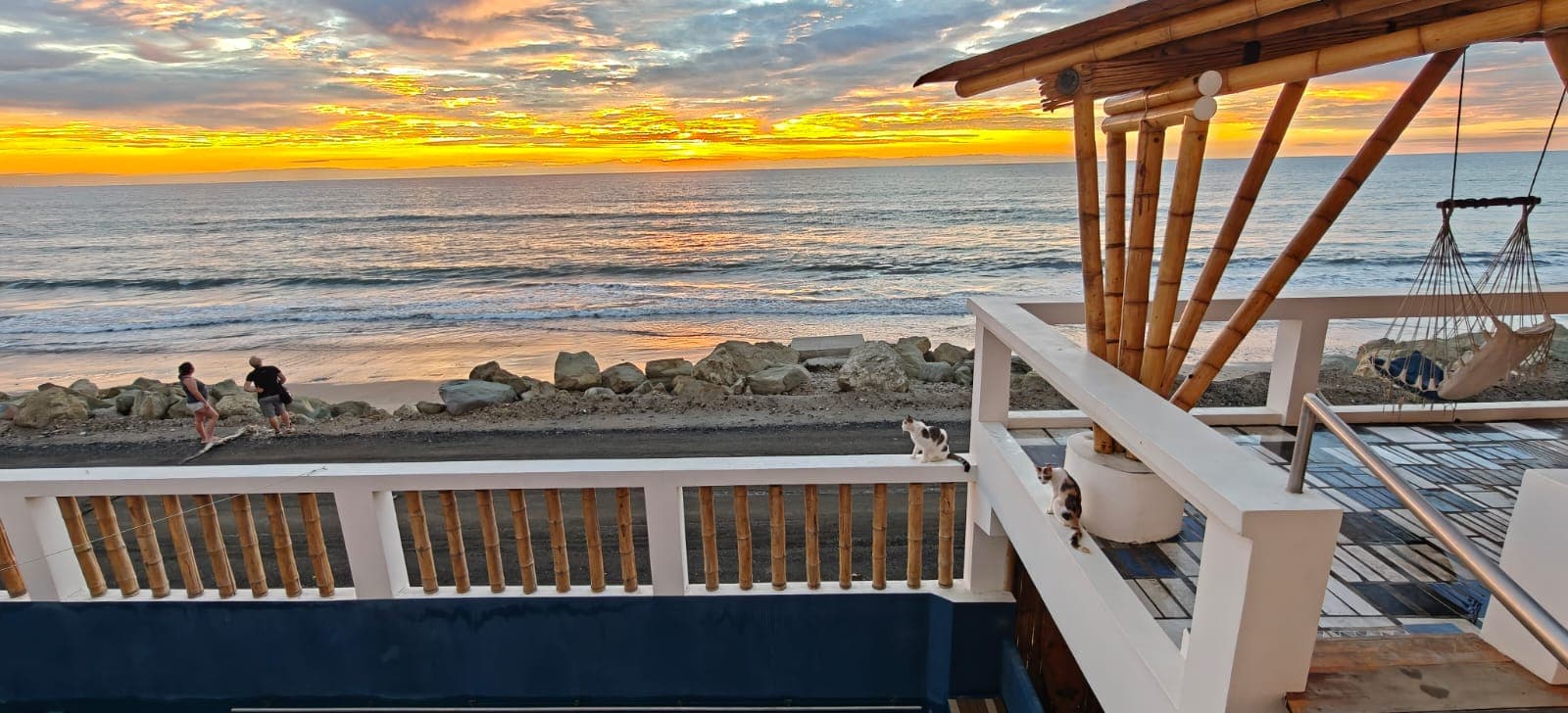 Terrace with a hammock overlooking the beach at sunset
